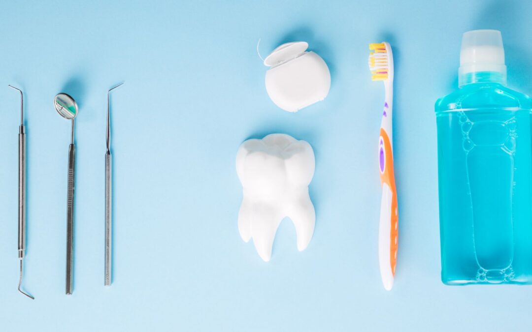 dental tools with a light blue background